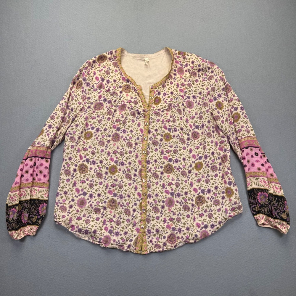 Spell Floral Boho Button Up Blouse Pink Purple Organic Cotton Viscose Size L